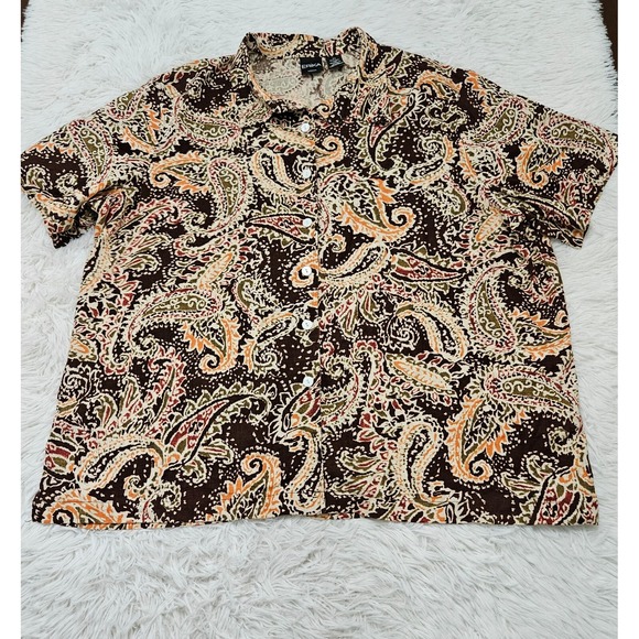Erika Tops - Erika Women Sz 2x Linen‎ Blend Vintage Button Up Paisley Short Sleeve Boho Shirt